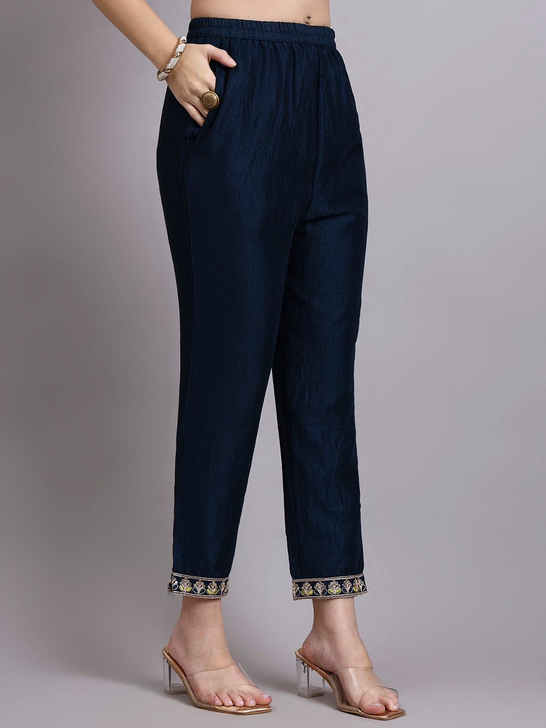 Navy Blue Embroidered Kurta Set with Lime Green Dupatta