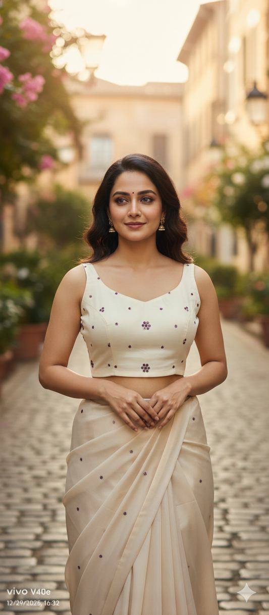 Cream Floral Embroidered Sleeveless Blouse