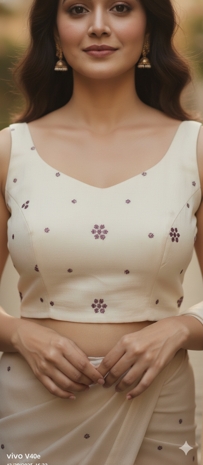 Cream Floral Embroidered Sleeveless Blouse