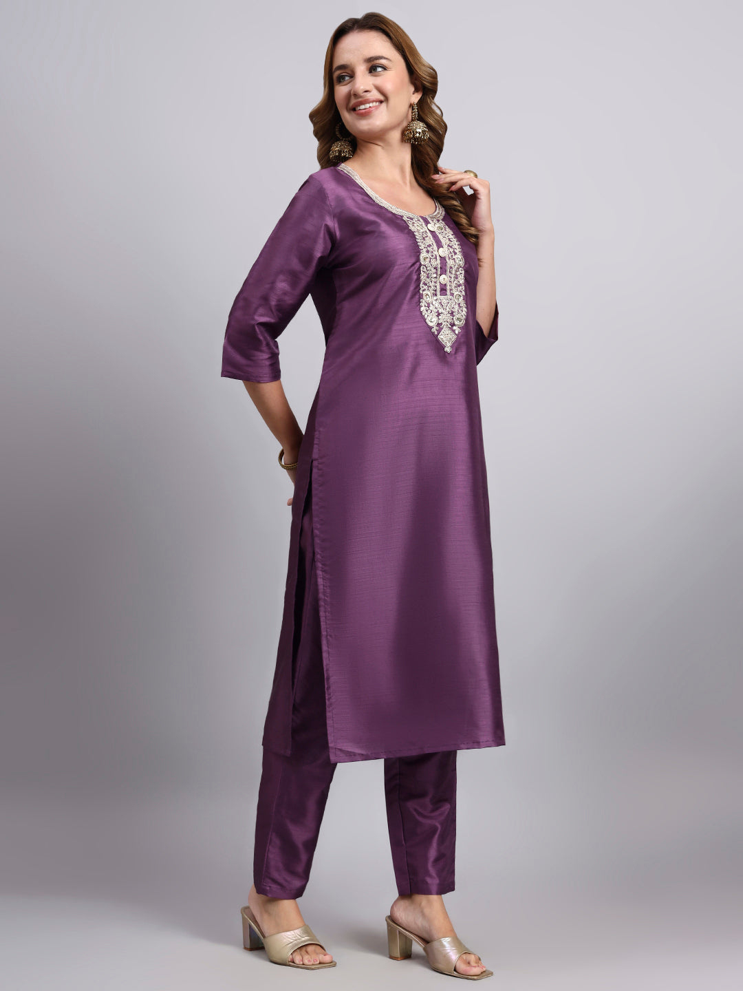 Dark Purple Kurti with Straight Pants