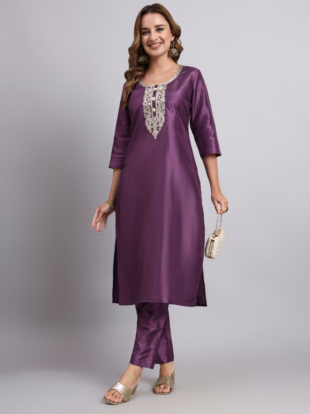 Dark Purple Kurti with Straight Pants