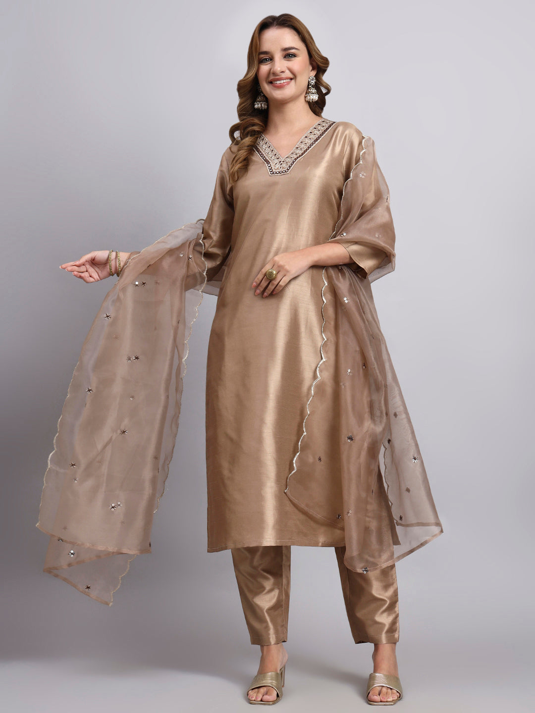 Light Biscuit Chanderi Silk Kurti Set