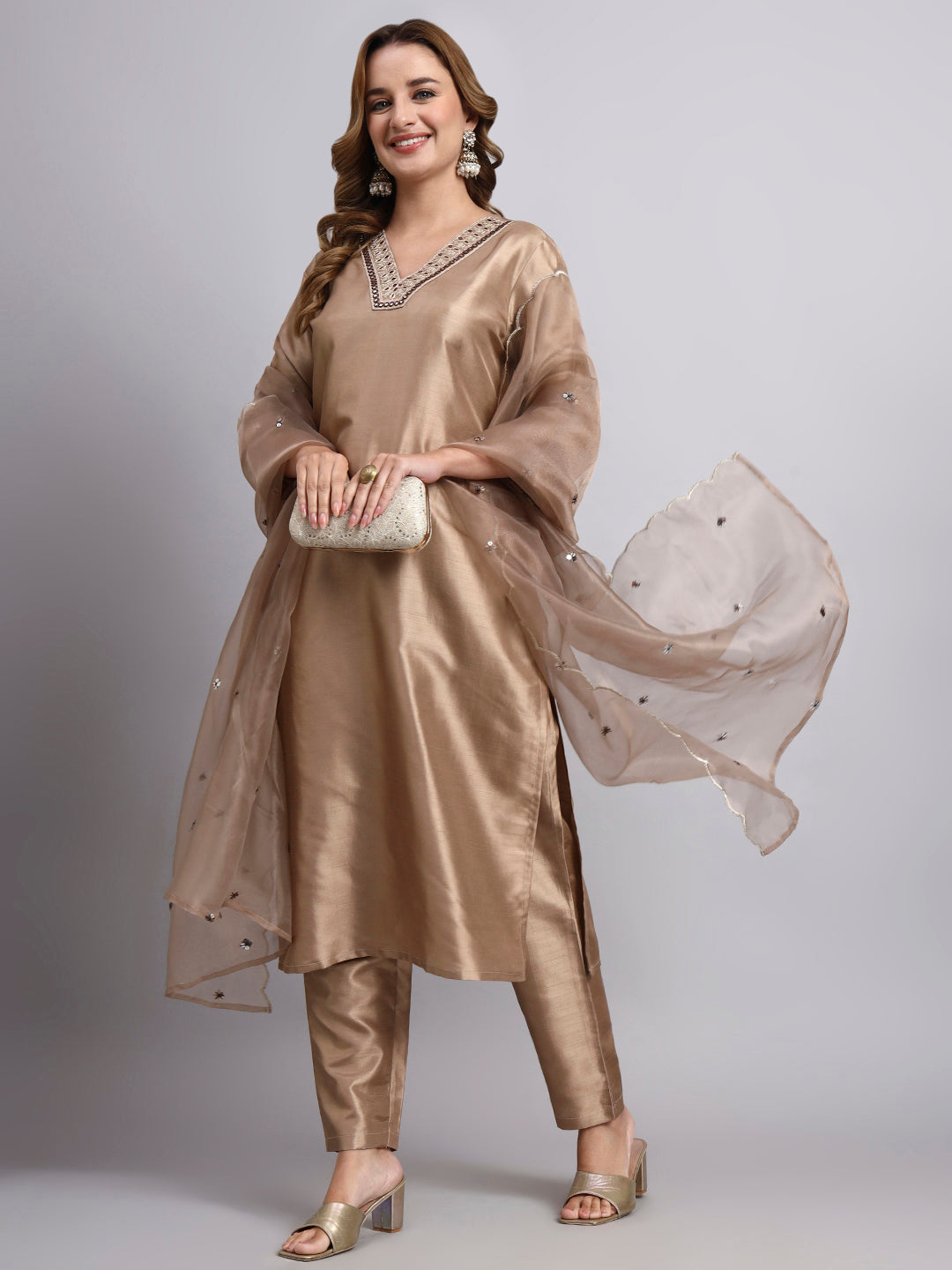 Light Biscuit Chanderi Silk Kurti Set