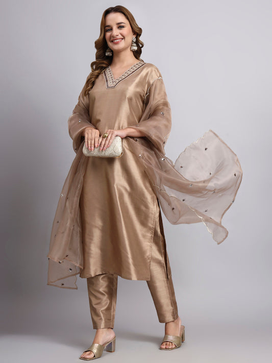 Light Biscuit Chanderi Silk Kurti Set
