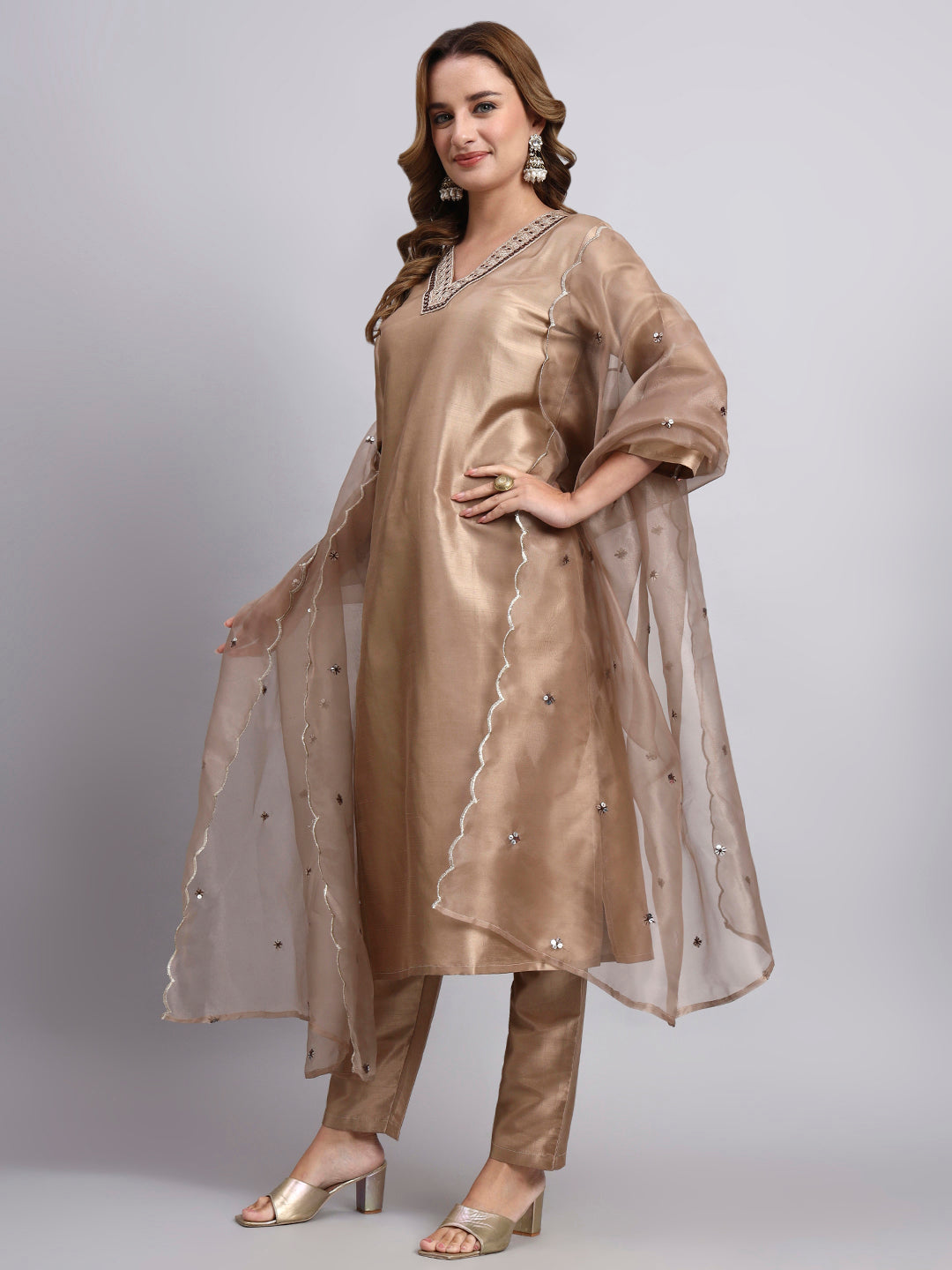 Light Biscuit Chanderi Silk Kurti Set
