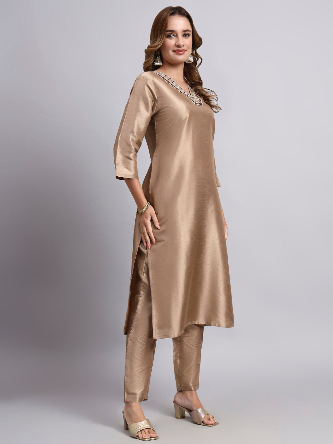 Light Biscuit Chanderi Silk Kurti Set