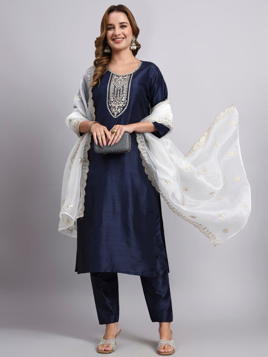 Navy Blue Embroidered Kurta Set
