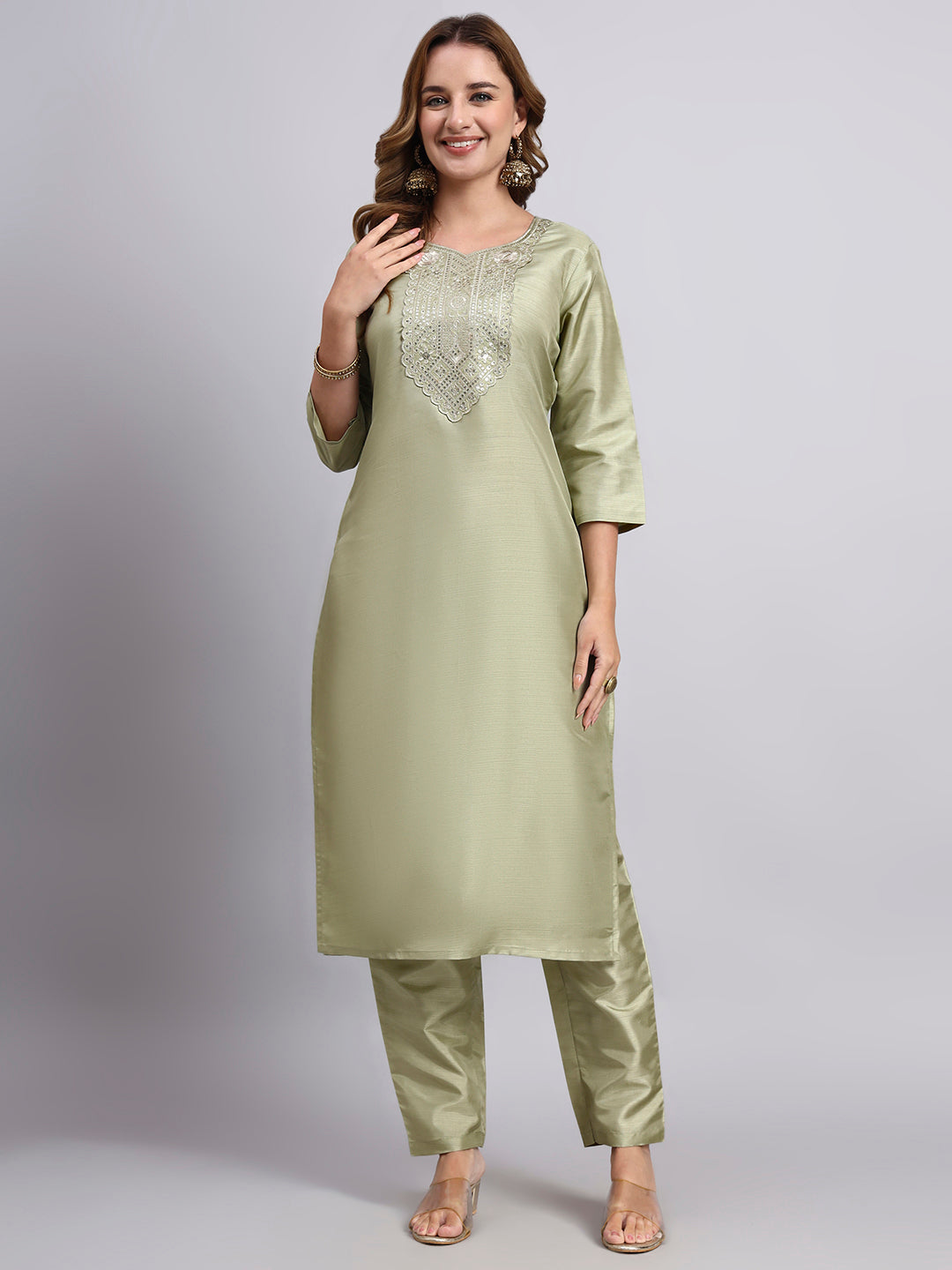 Pista Green Embroidered Kurta Set