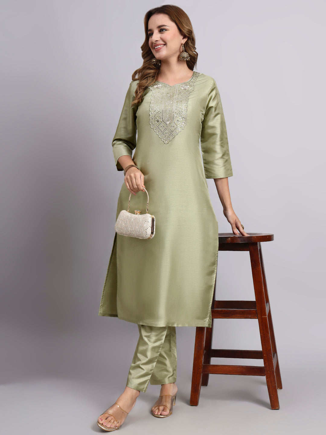 Pista Green Embroidered Kurta Set