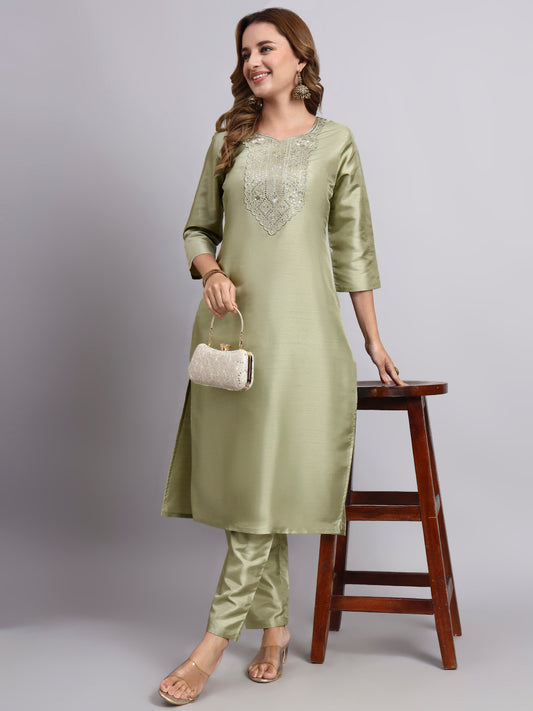 Pista Green Embroidered Kurta Set