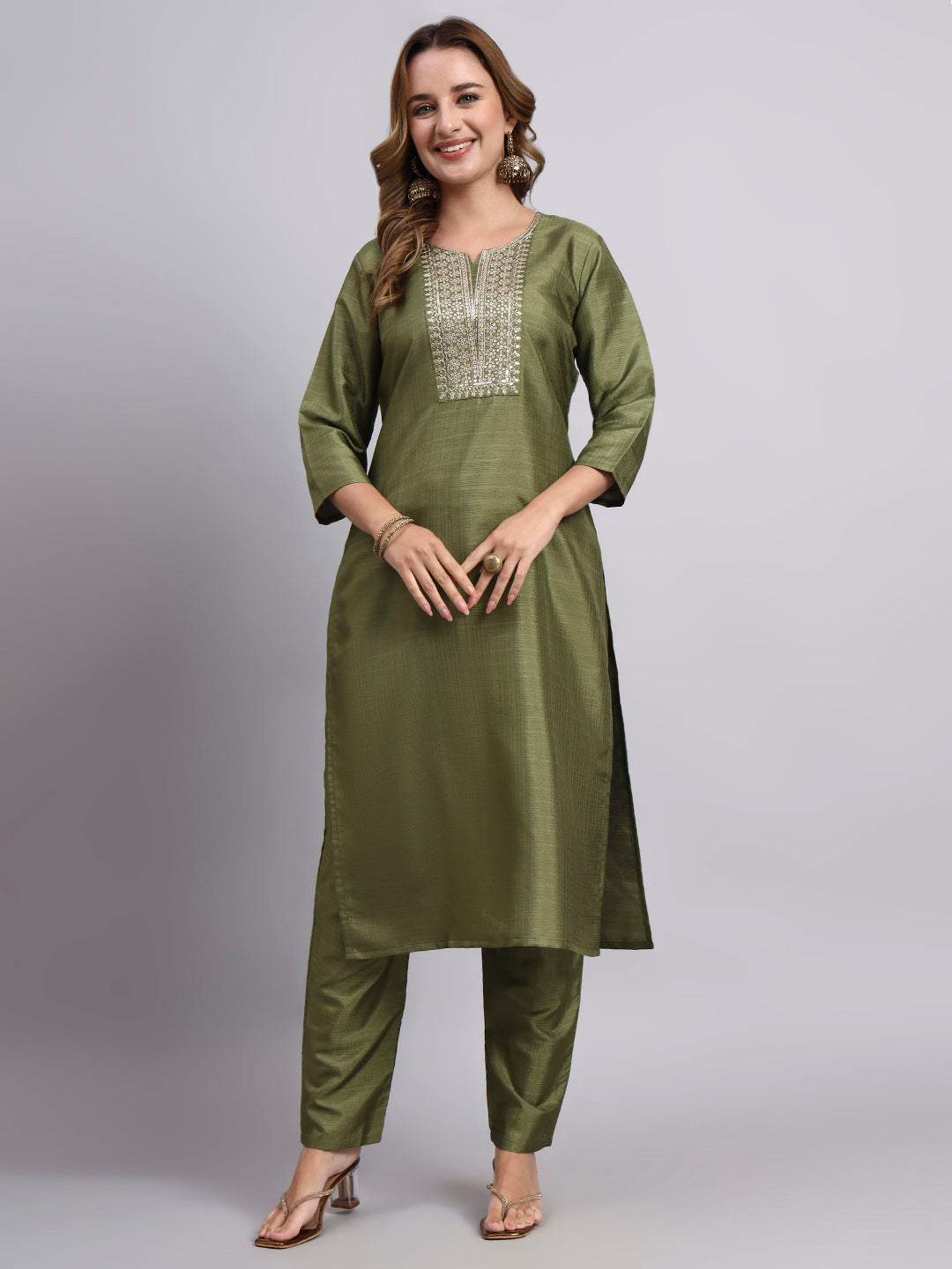 Elegant Olive Green Embroidered Kurta Set