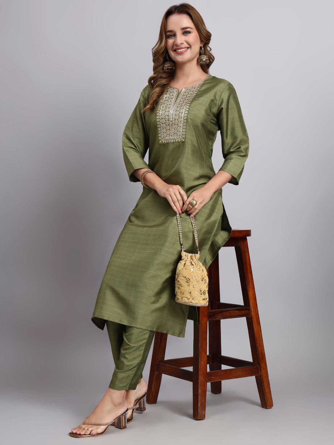Elegant Olive Green Embroidered Kurta Set
