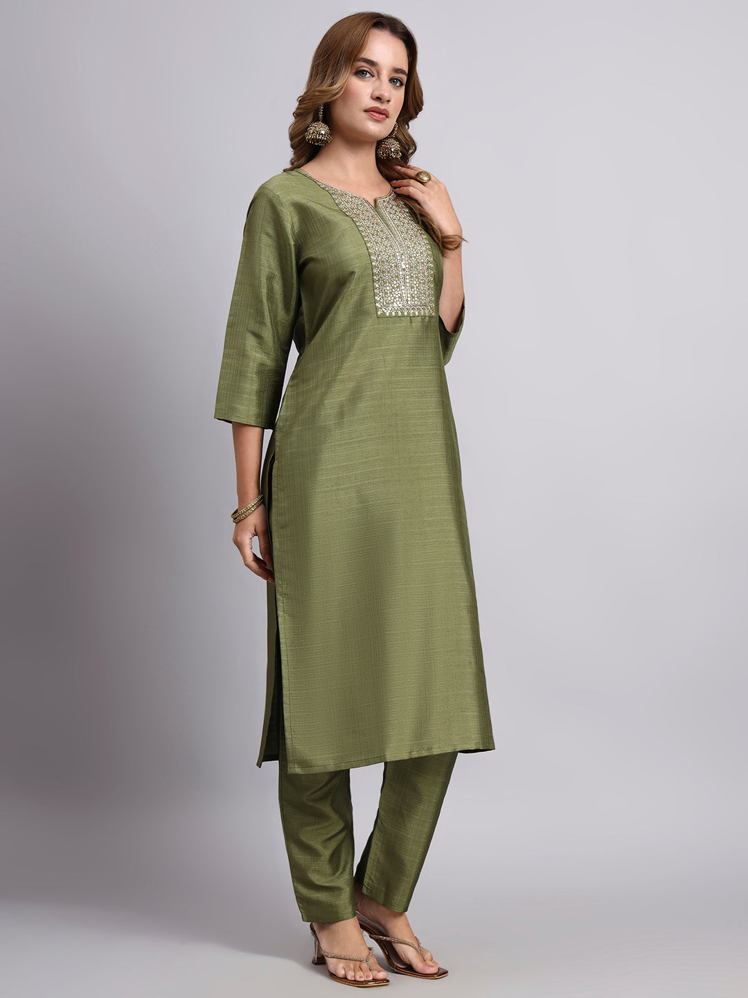 Elegant Olive Green Embroidered Kurta Set
