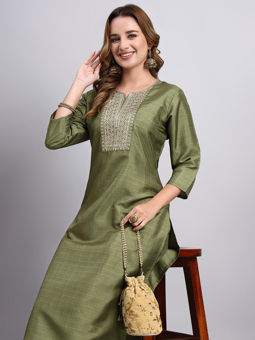Elegant Olive Green Embroidered Kurta Set