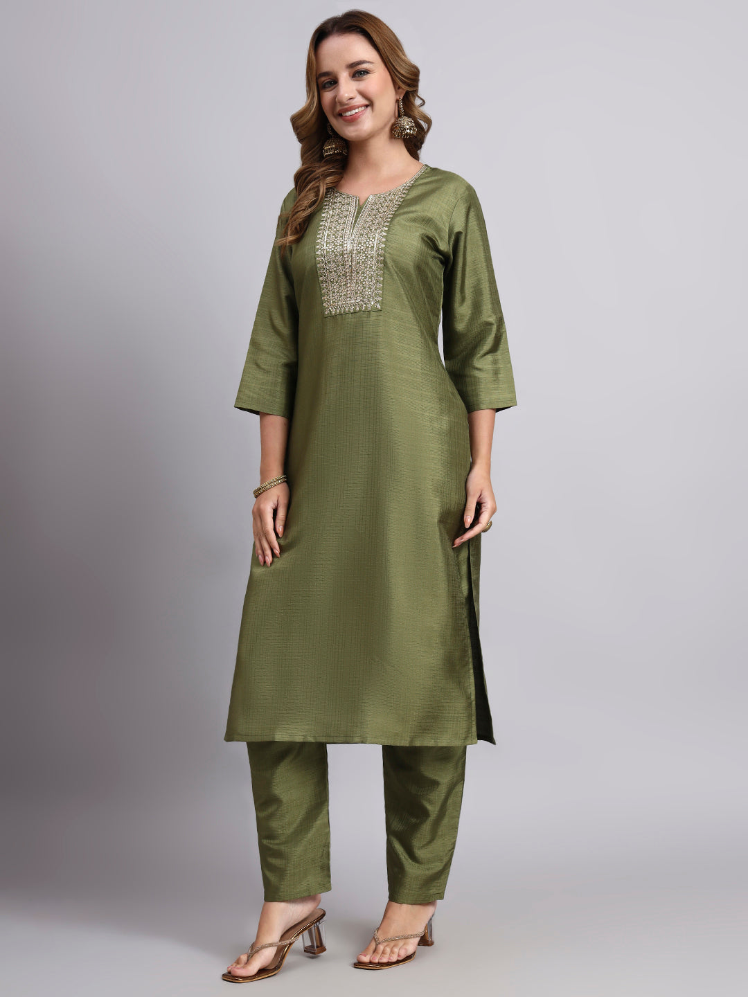 Elegant Olive Green Embroidered Kurta Set