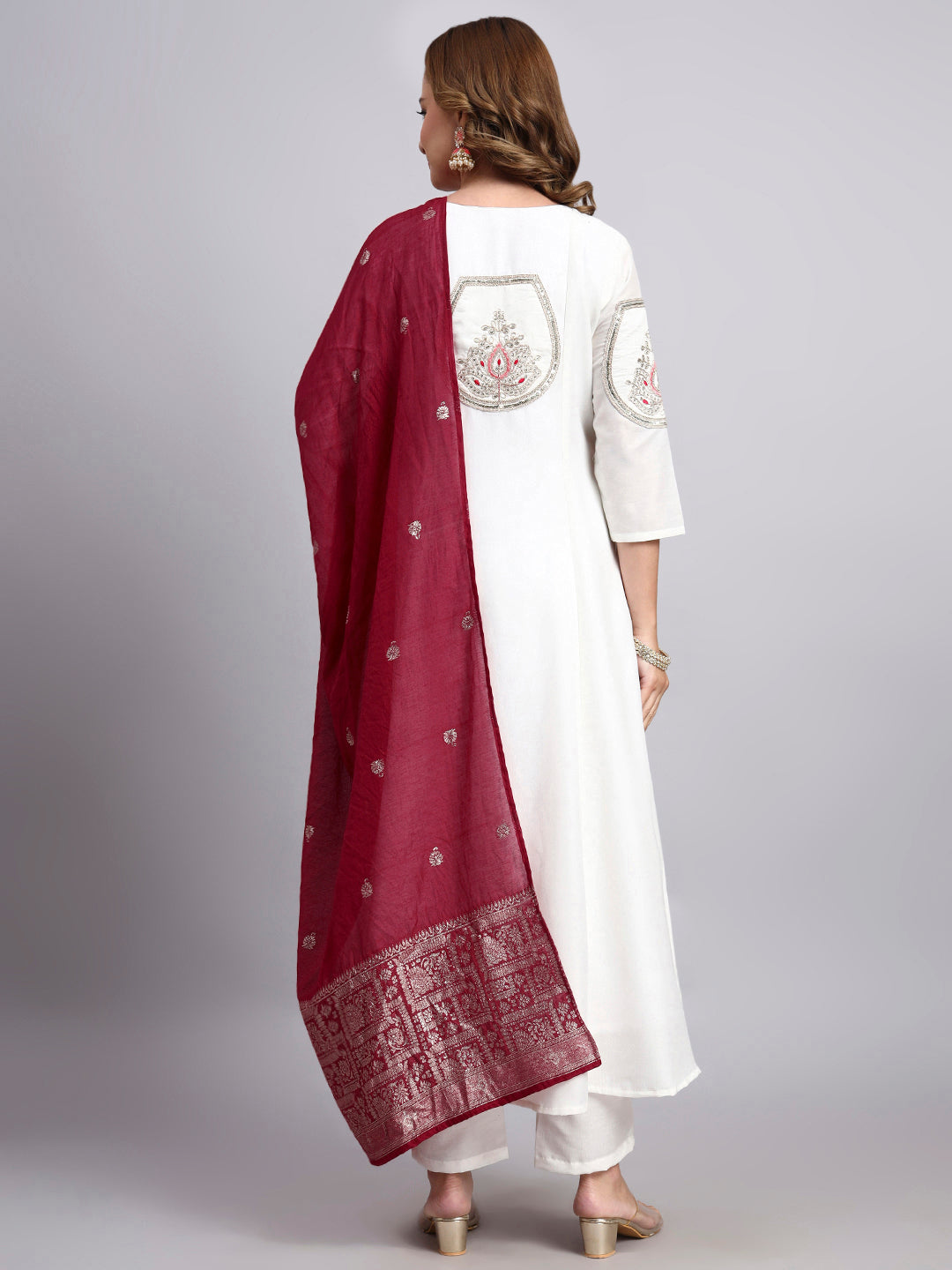 White Anarkali Kurta Pant Dupatta Set