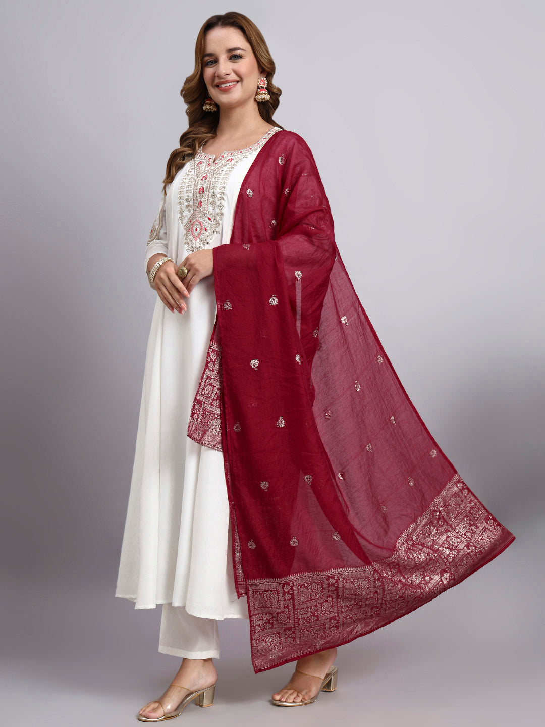 White Anarkali Kurta Pant Dupatta Set