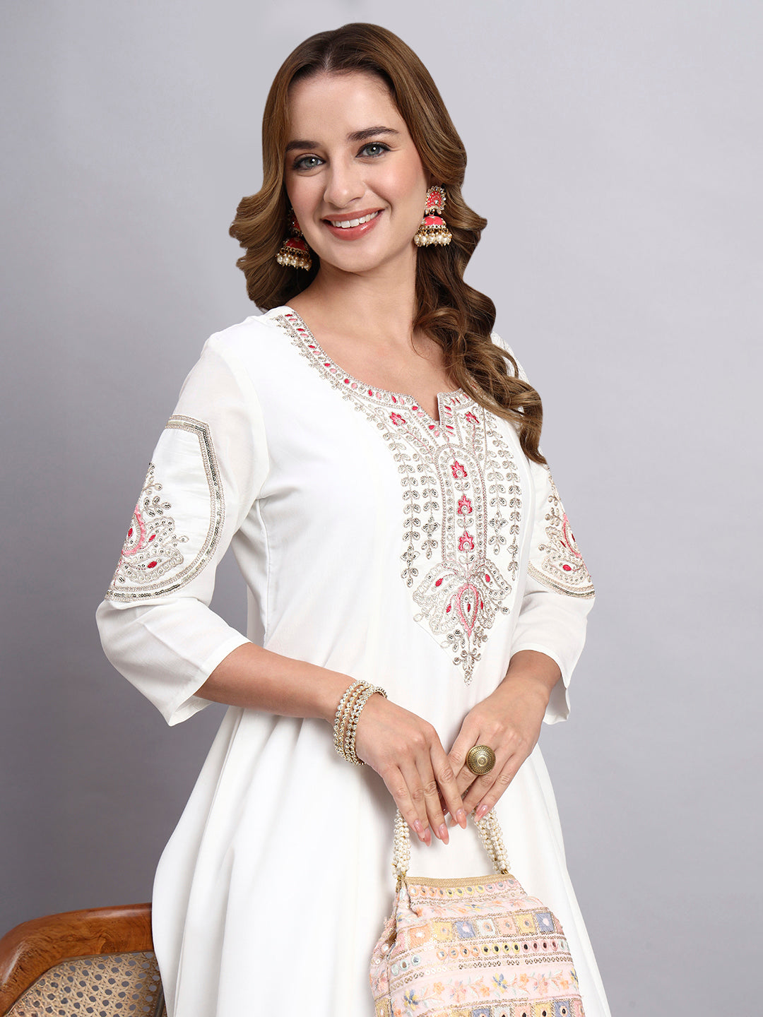 White Anarkali Kurta Pant Dupatta Set