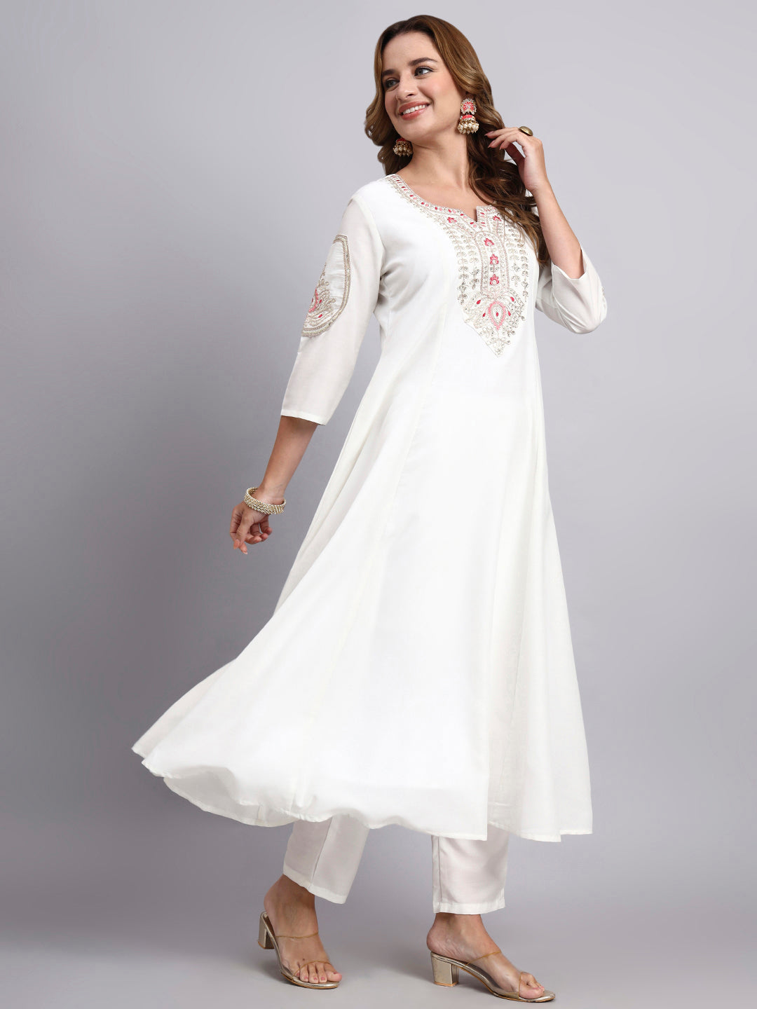 White Anarkali Kurta Pant Dupatta Set