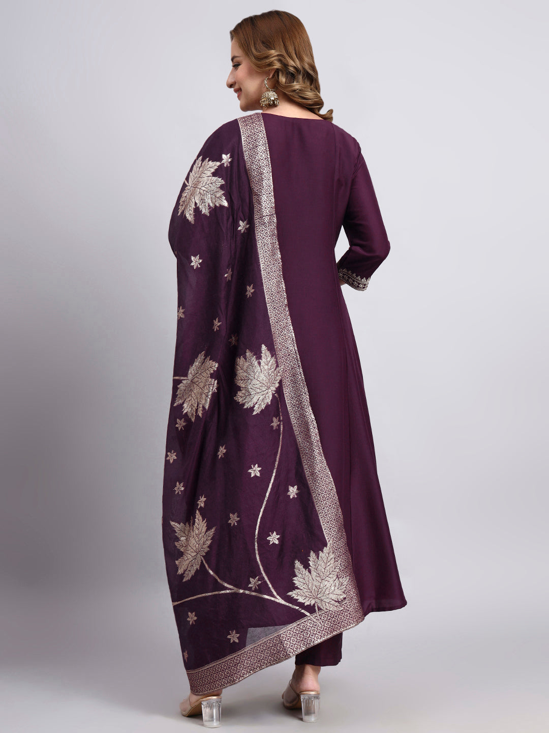 Wine Purple Embroidered Anarkali Kurta Pant Set with Dupatta