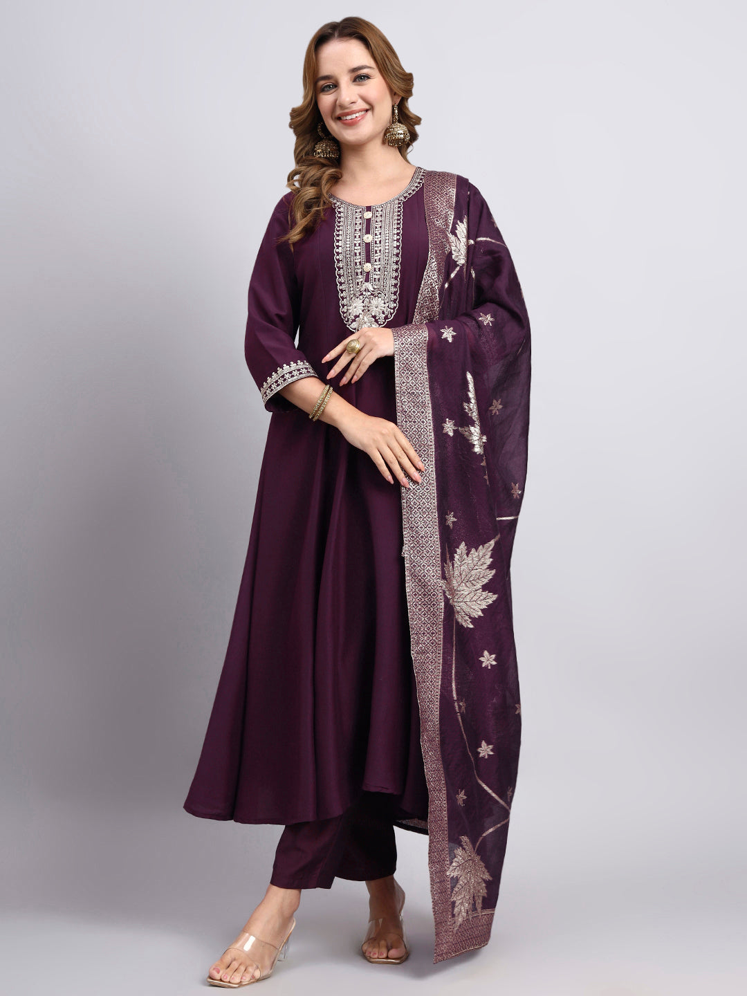 Wine Purple Embroidered Anarkali Kurta Pant Set with Dupatta