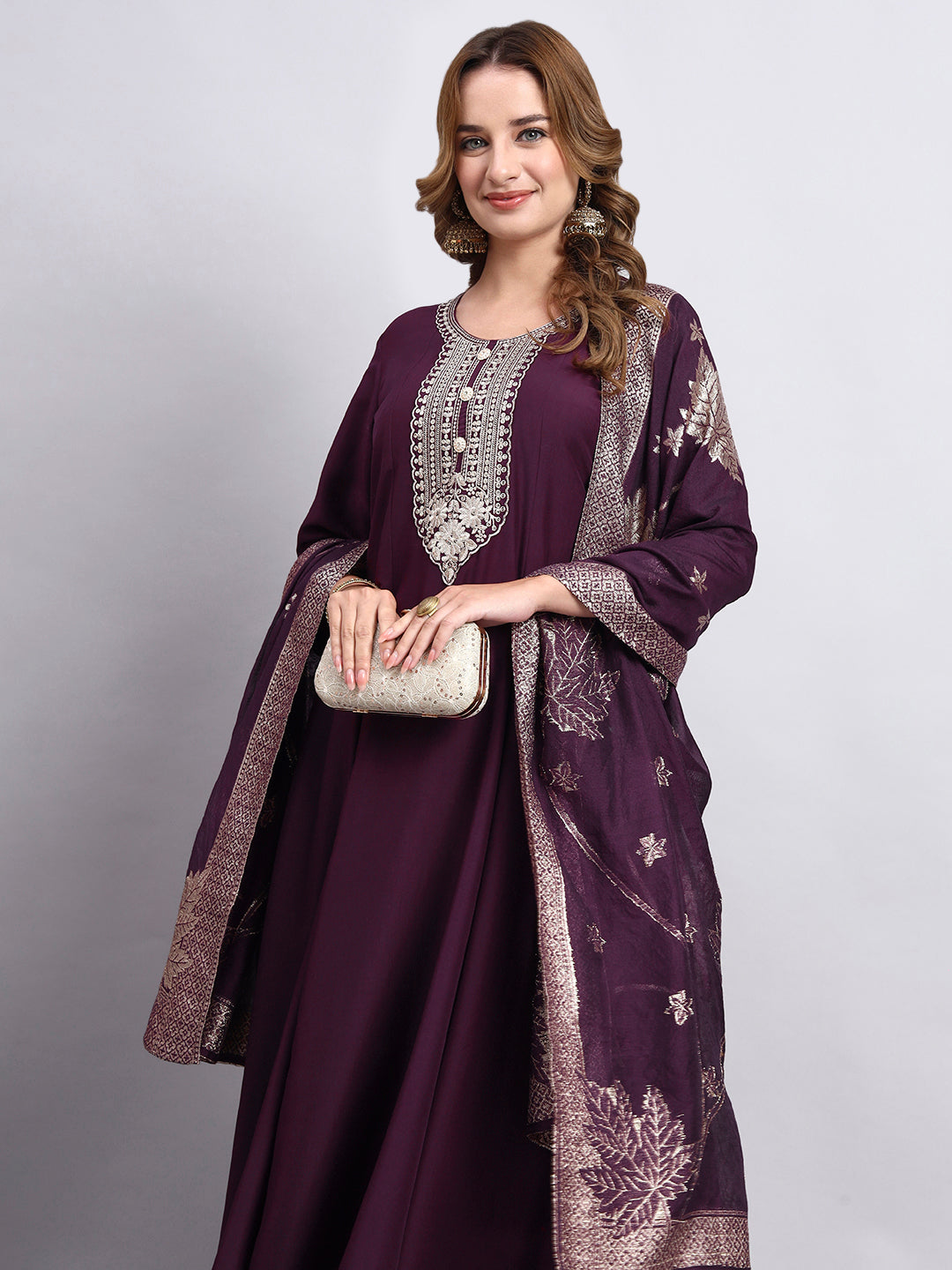 Wine Purple Embroidered Anarkali Kurta Pant Set with Dupatta