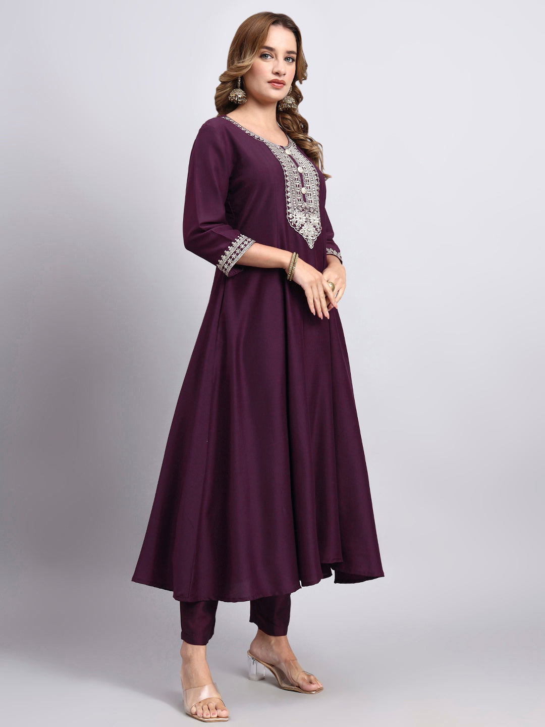 Wine Purple Embroidered Anarkali Kurta Pant Set with Dupatta