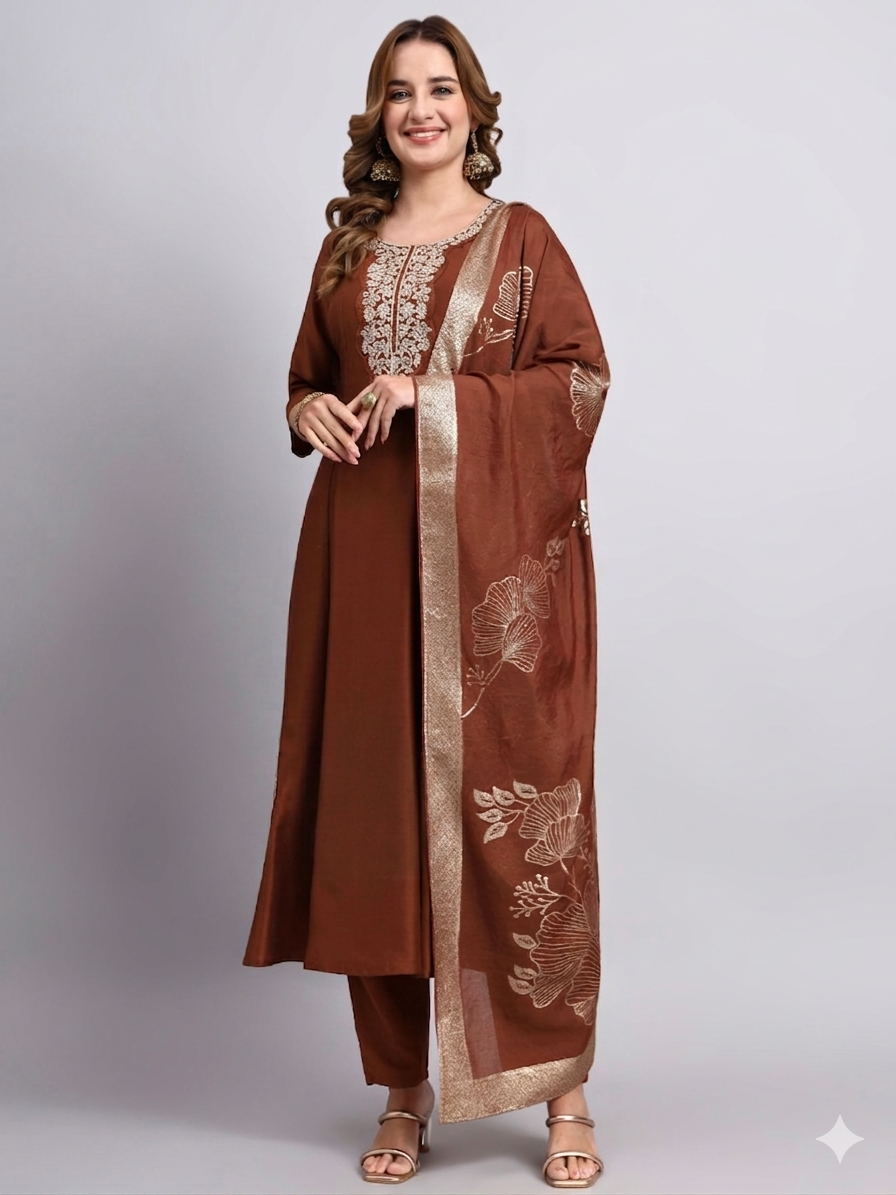Brown Embroidered Kurta Set with Dupatta
