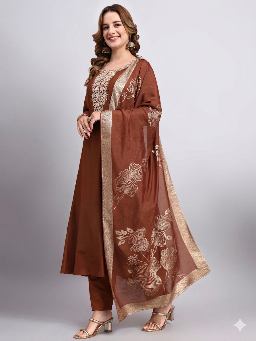 Brown Embroidered Kurta Set with Dupatta