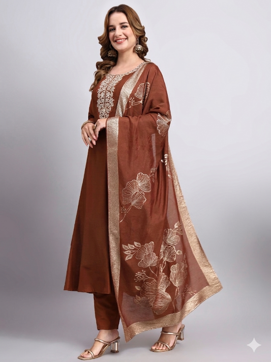 Brown Embroidered Anarkali with Dupatta