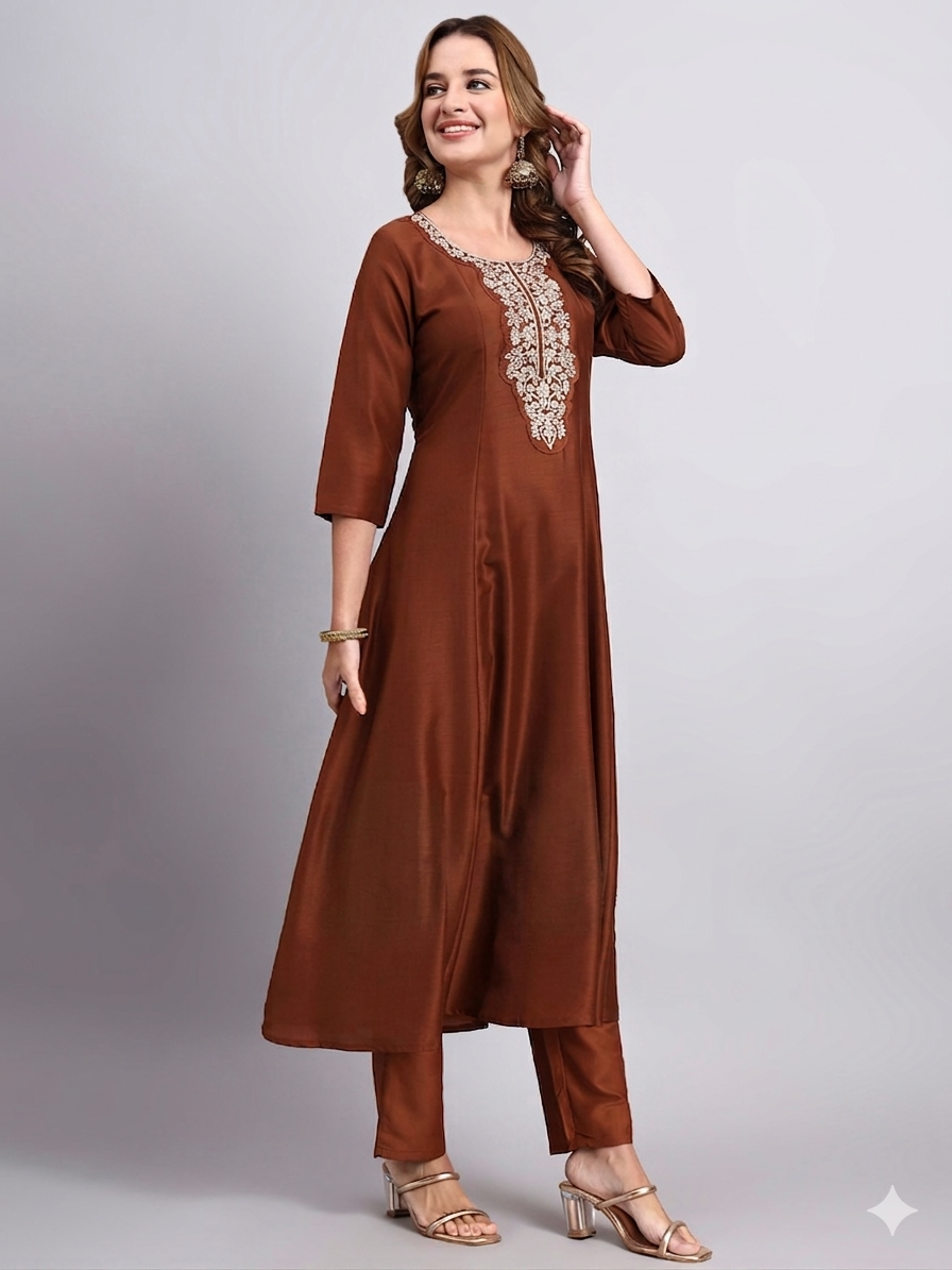 Brown Embroidered Kurta Set with Dupatta