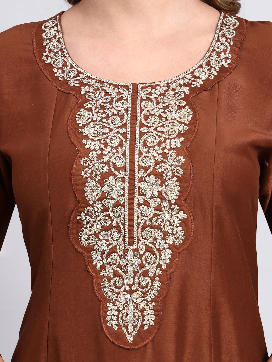 Brown Embroidered Kurta Set with Dupatta