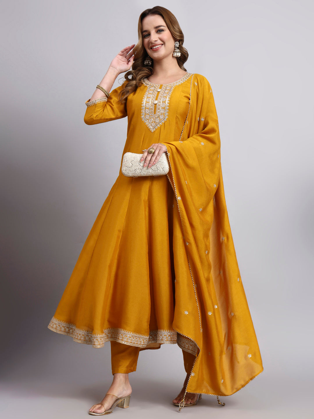 Mustard Embroidered Anarkali Kurta Set with Dupatta