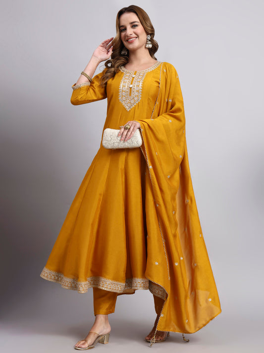 Mustard Embroidered Anarkali Kurta Set with Dupatta