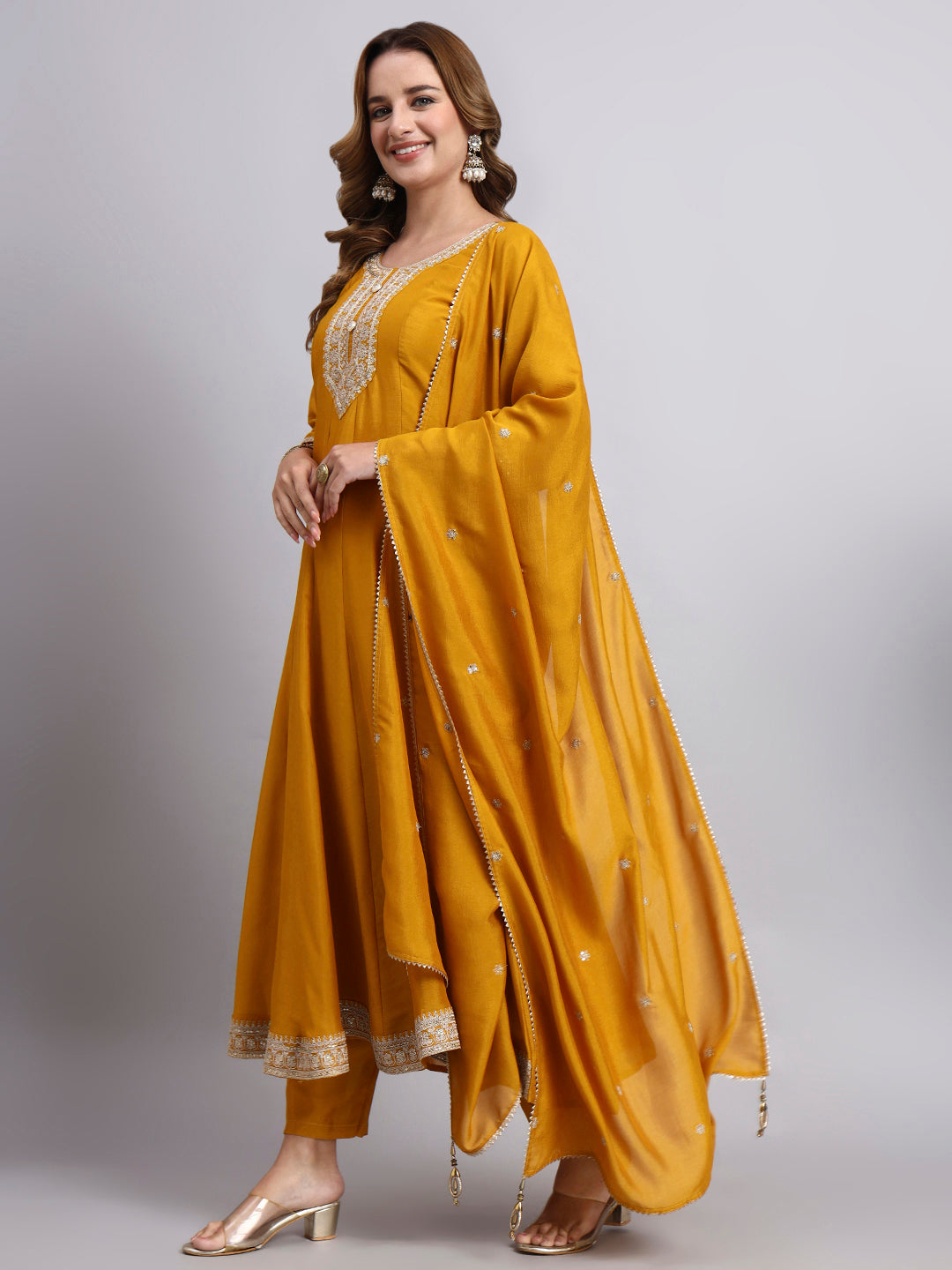 Mustard Embroidered Anarkali Kurta Set with Dupatta