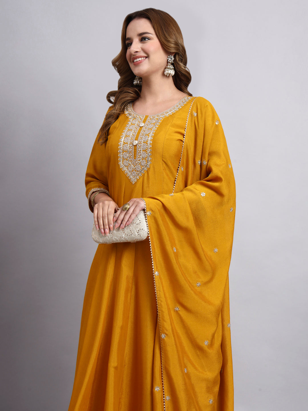 Mustard Embroidered Anarkali Kurta Set with Dupatta