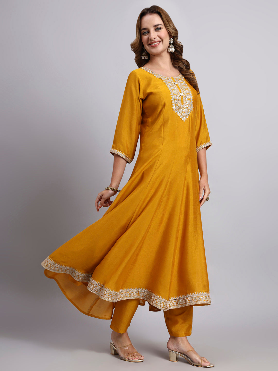 Mustard Embroidered Anarkali Kurta Set with Dupatta