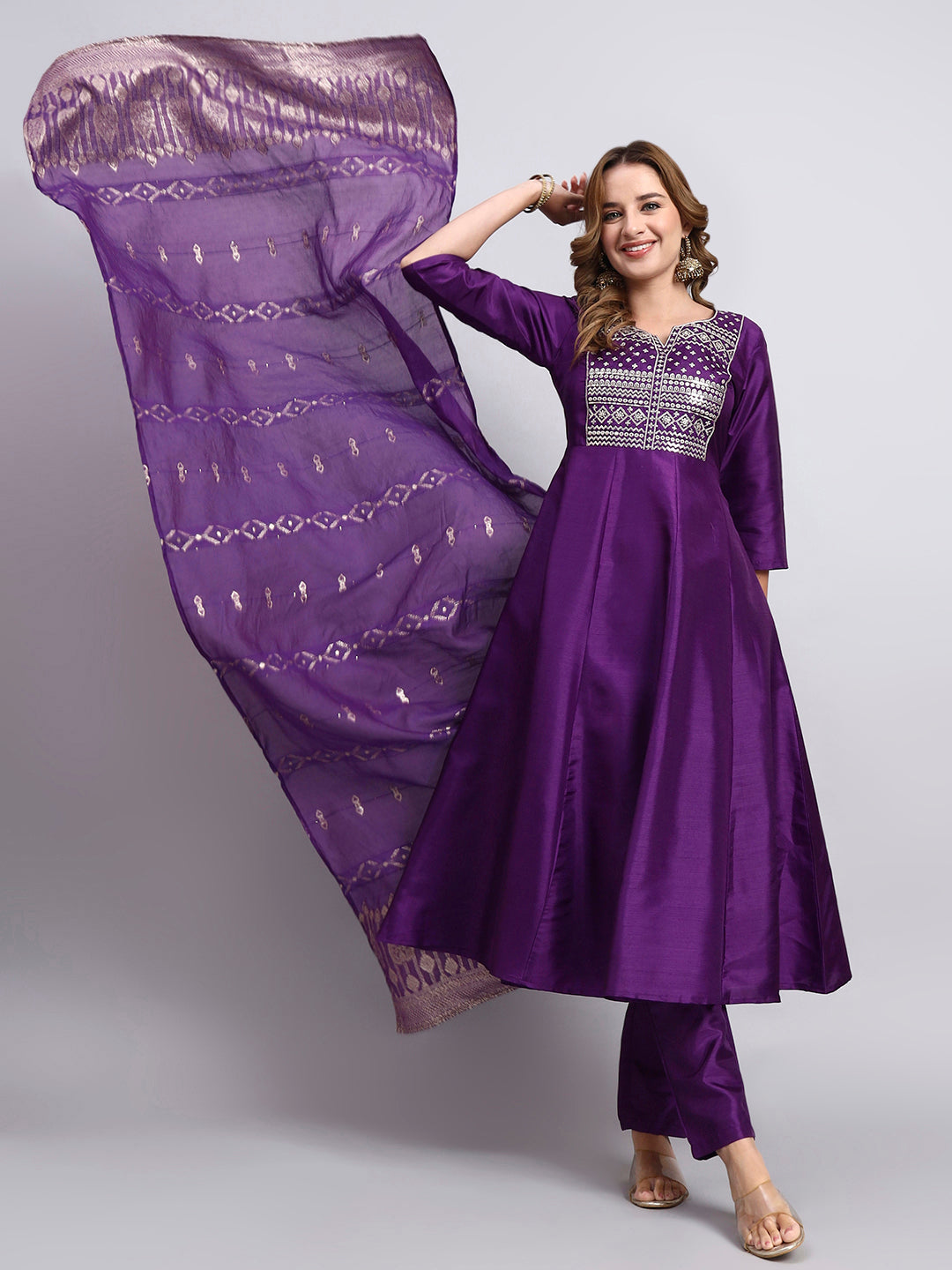 Purple Embroidered Anarkali Kurta Set with Dupatta