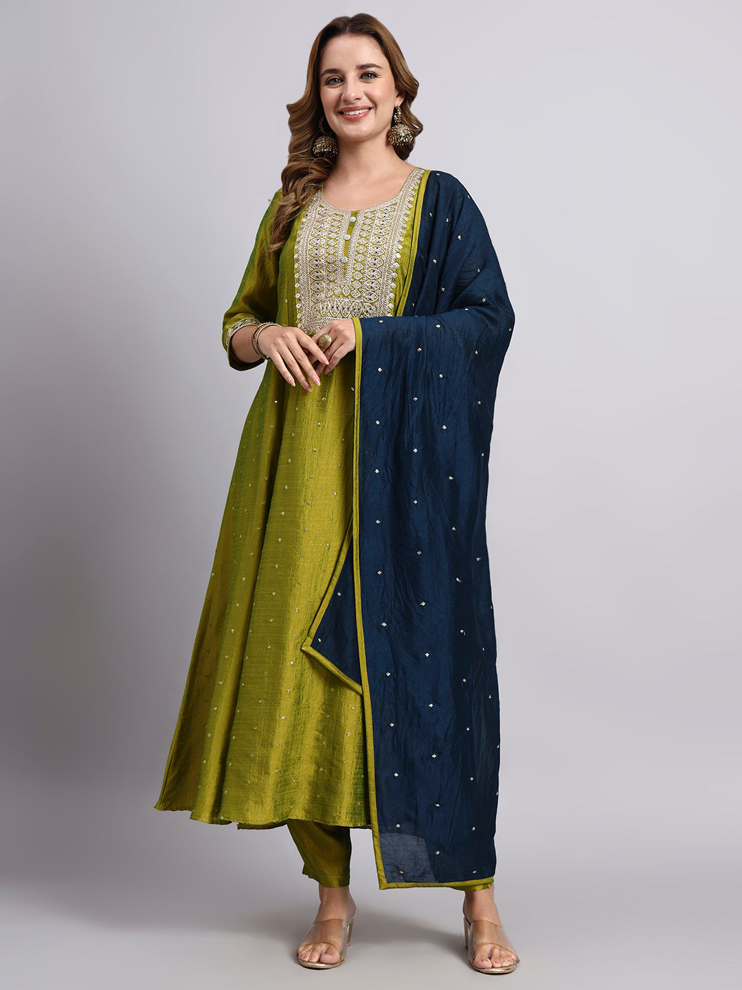 Parrot Green Embroidered Silk Blend Kurta Set