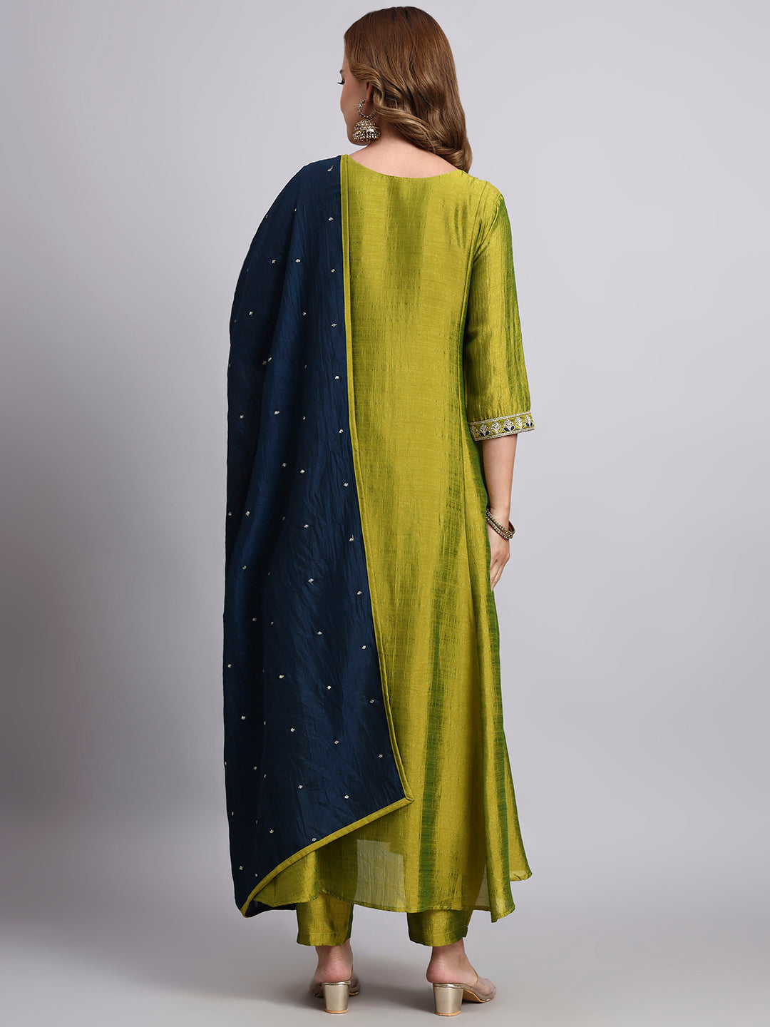 Parrot Green Embroidered Silk Blend Kurta Set