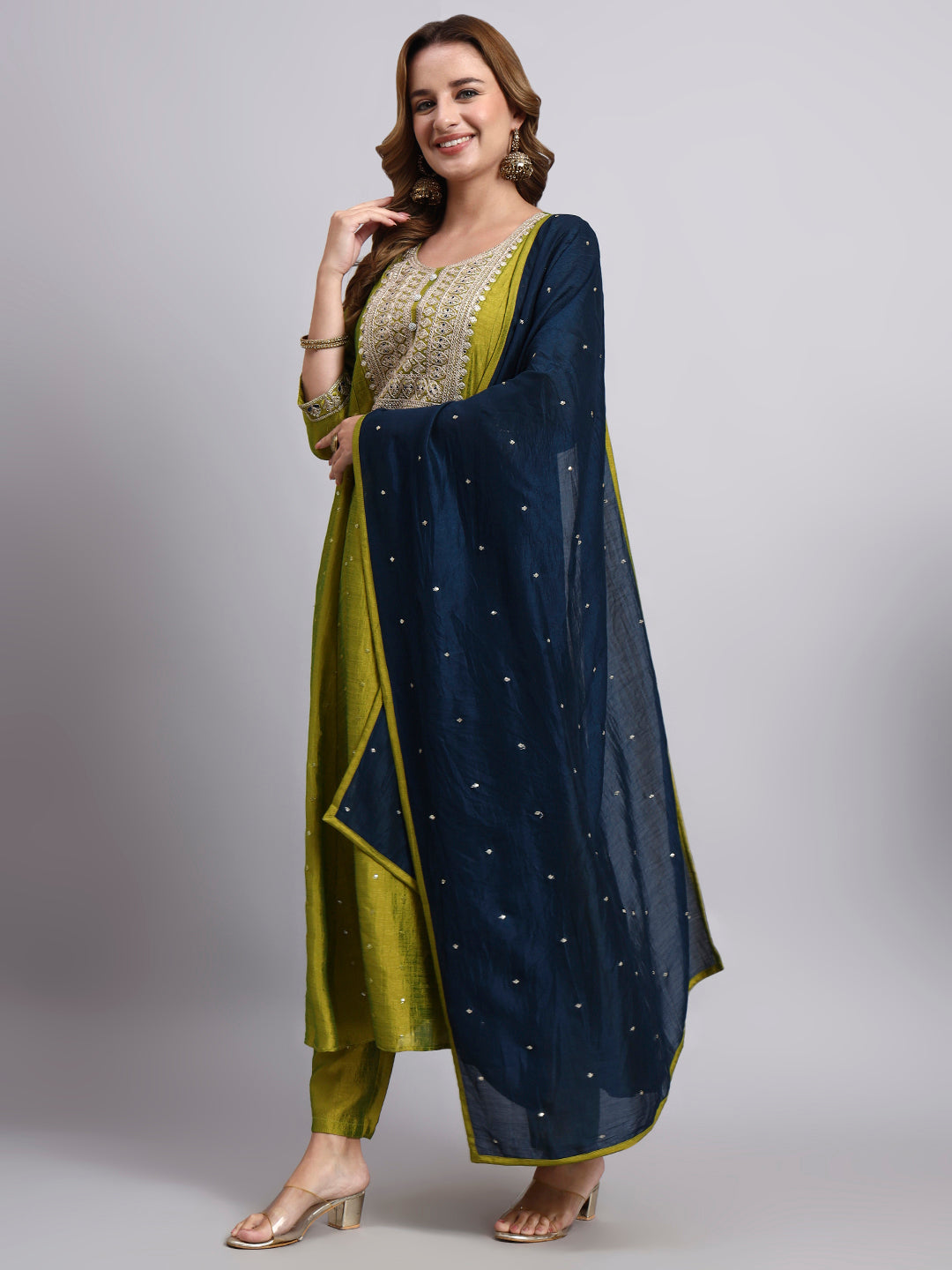 Parrot Green Embroidered Silk Blend Kurta Set