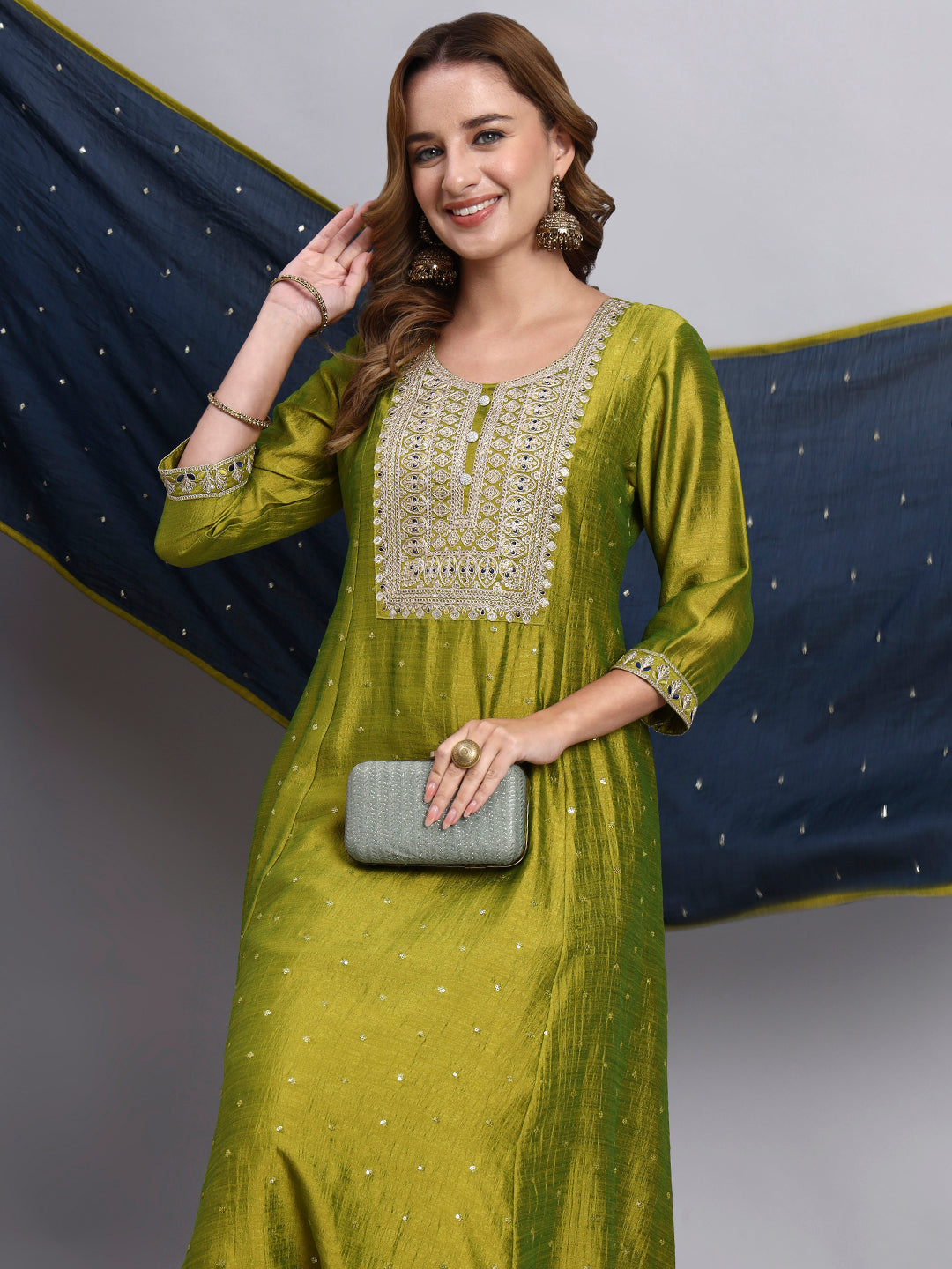 Parrot Green Embroidered Silk Blend Kurta Set