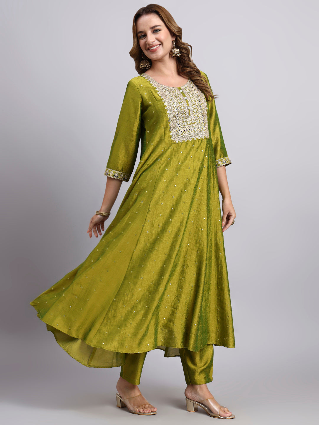 Parrot Green Embroidered Silk Blend Kurta Set