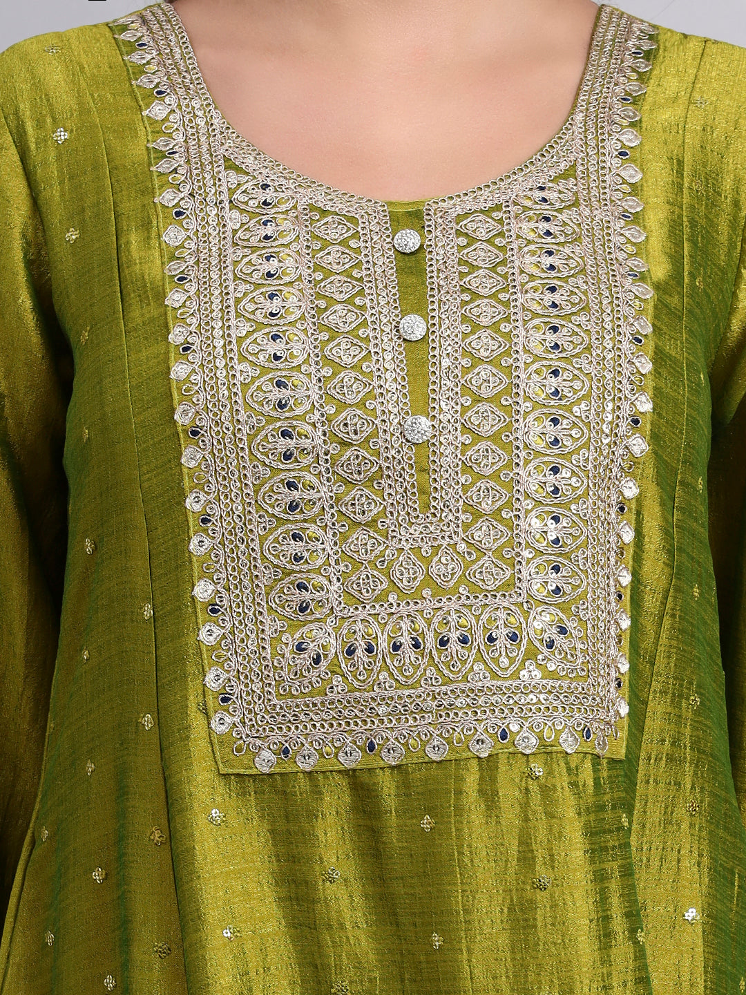 Parrot Green Embroidered Silk Blend Kurta Set