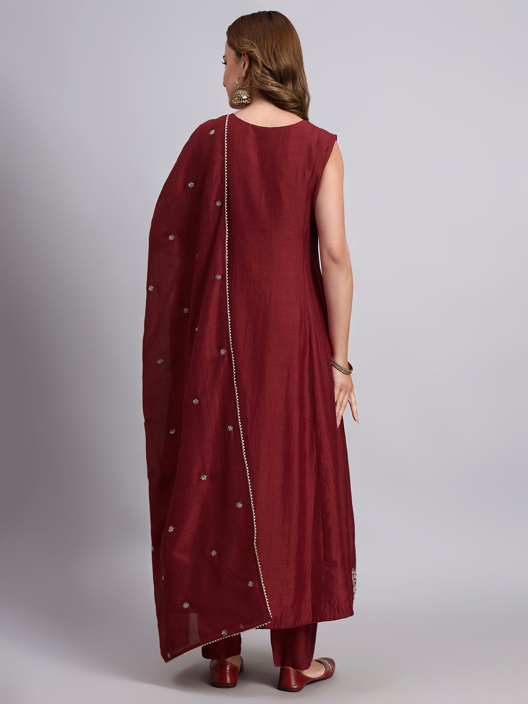 Maroon Embroidered Silk Kurta Set with Dupatta