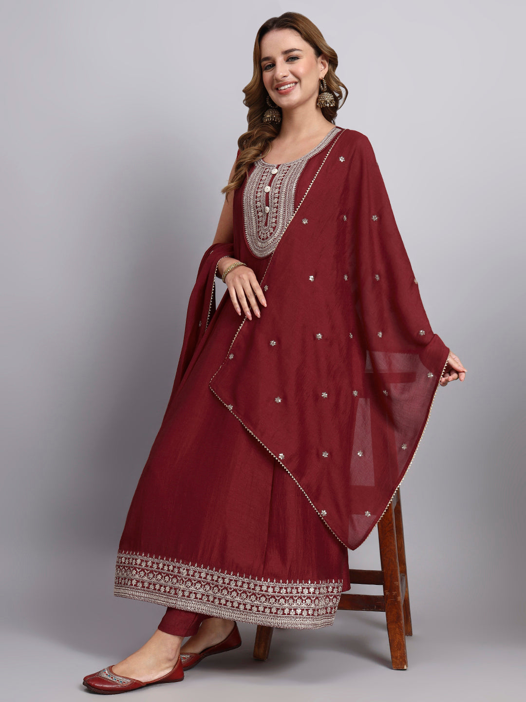 Maroon Embroidered Silk Kurta Set with Dupatta