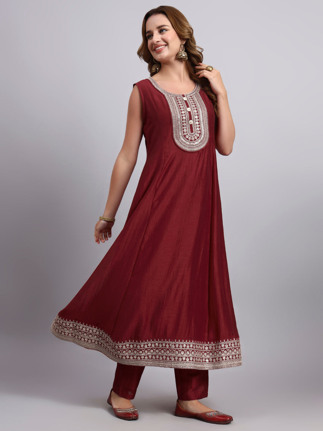 Maroon Embroidered Silk Kurta Set with Dupatta