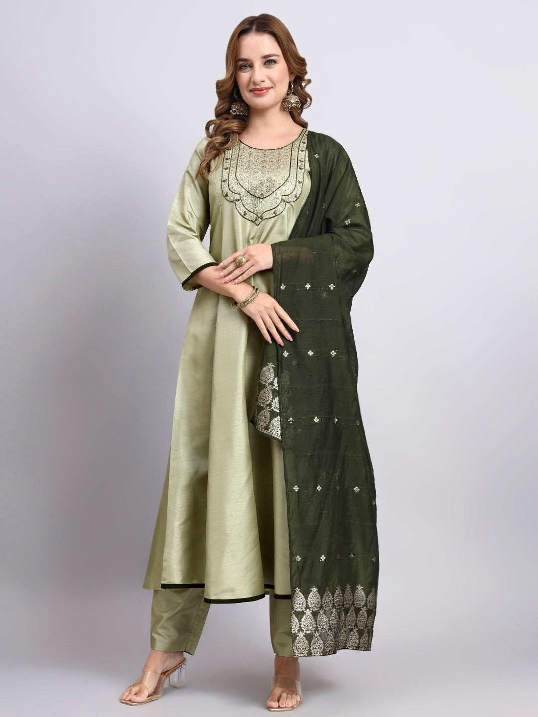 Pista Green Embroidered Anarkali Suit Set