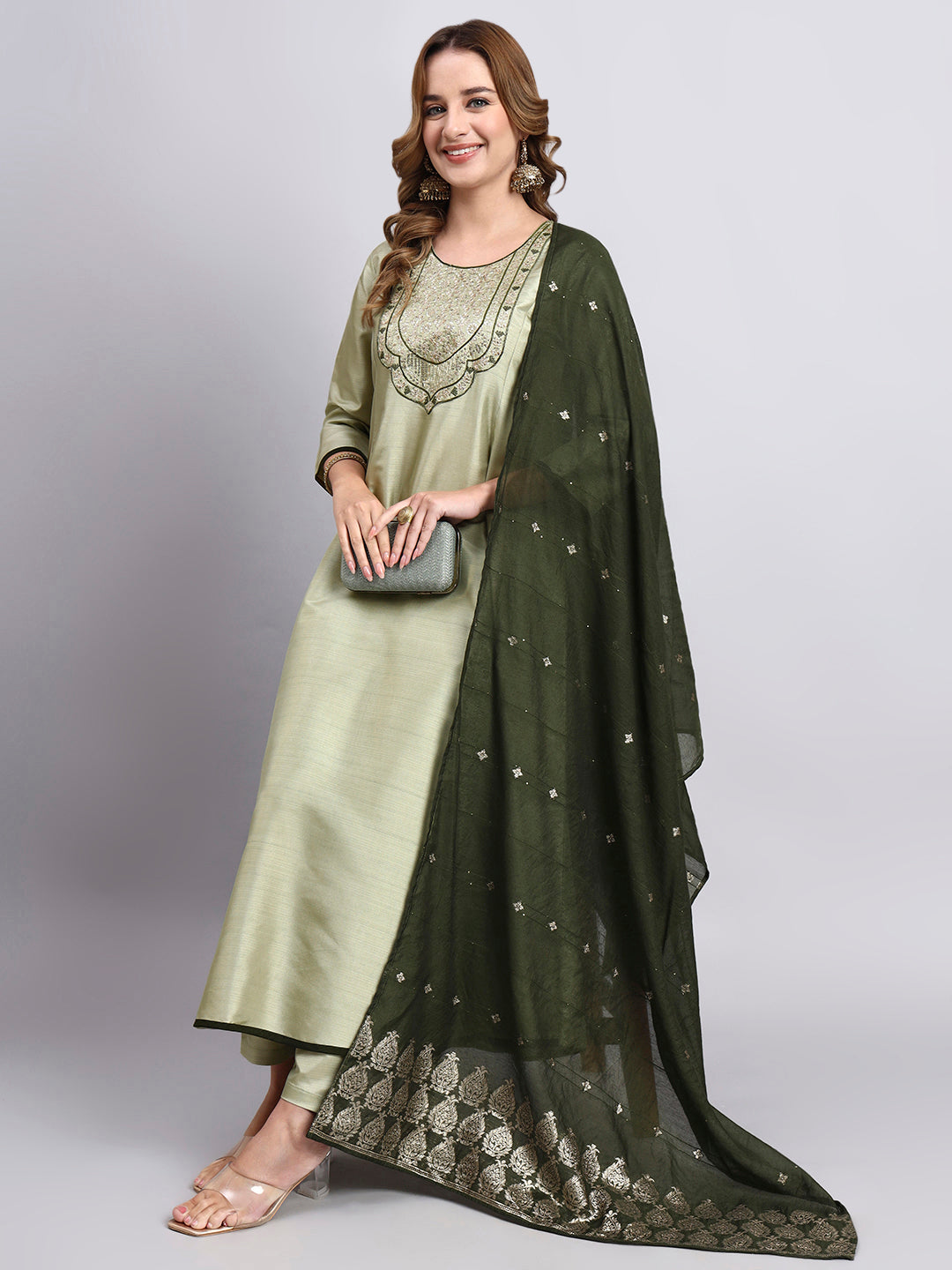 Pista Green Embroidered Anarkali Suit Set