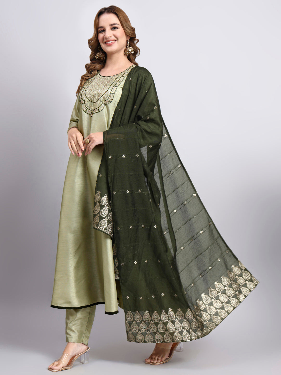 Pista Green Embroidered Anarkali Suit Set